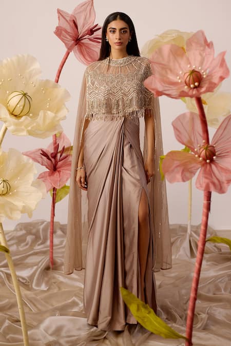 Roqa Beige Gown Modal Satin Embroidery Beads Forget Me Not Matrix Cape With Draped 