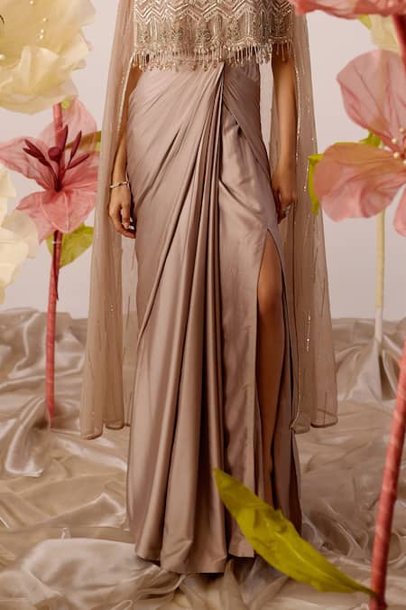 Roqa Beige Modal, Satin, Net Forget Me Not Matrix Embroidered Cape With Draped Gown Online at Aza Fashions Roqa_Beige Modal, Satin, Net Forget Me Not Matrix Embroidered Cape With Draped Gown _Online_at_Aza_Fashions