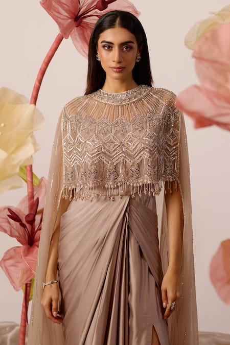 Buy Roqa Beige Modal, Satin, Net Forget Me Not Matrix Embroidered Cape With Draped Gown Online at Aza Fashions Buy_Roqa_Beige Modal, Satin, Net Forget Me Not Matrix Embroidered Cape With Draped Gown _Online_at_Aza_Fashions