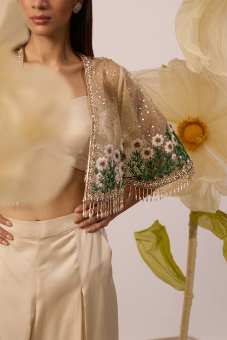 Roqa_Ivory Modal Pearls, Sequins Gazania Dusk Resham Embroidered Cape Flared Pant Set _Online_at_Aza_Fashions