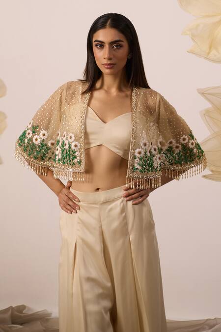 Buy_Roqa_Ivory Modal Pearls, Sequins Gazania Dusk Resham Embroidered Cape Flared Pant Set _Online_at_Aza_Fashions