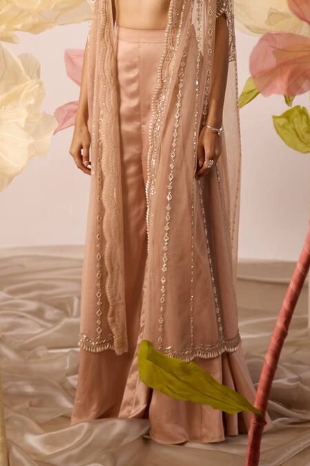 Roqa_Peach Net, Modal Cut Work, Sequins, Iris Bloom Embroidered Cape Flared Pant Set _Online_at_Aza_Fashions