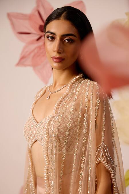 Buy_Roqa_Peach Net, Modal Cut Work, Sequins, Iris Bloom Embroidered Cape Flared Pant Set _Online_at_Aza_Fashions