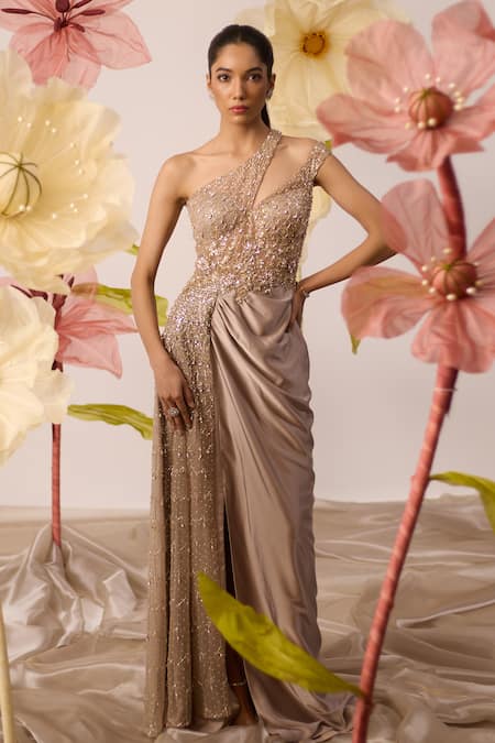 Roqa Rose Gold Modal Satin Embroidery Cutdana One Shoulder Jasmine Honeycomb Gown 