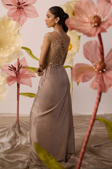 Roqa Jasmine Honeycomb Embroidered One Shoulder Gown 