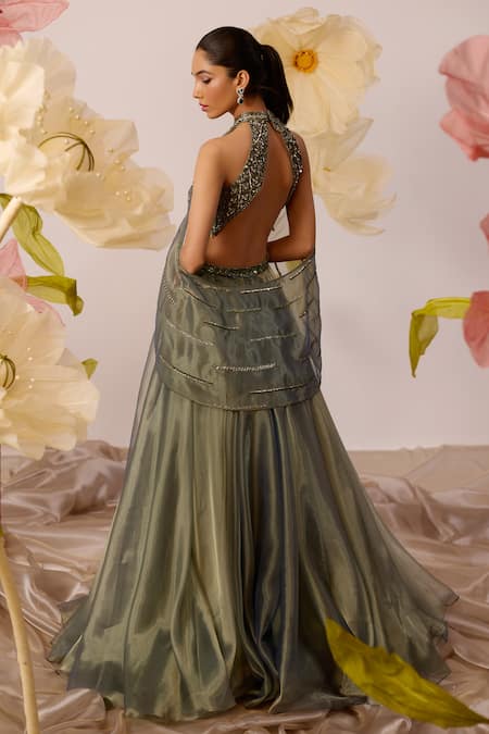 Roqa Juniper Sequin Meadow Embroidered Gown With Detachable Cape 