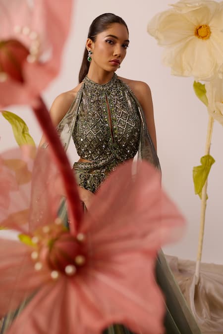 Roqa_Green Organza Sequins, Cut Juniper Meadow Embroidered Gown With Detachable Cape _Online_at_Aza_Fashions
