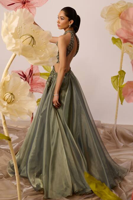 Shop_Roqa_Green Organza Sequins, Cut Juniper Meadow Embroidered Gown With Detachable Cape _Online_at_Aza_Fashions