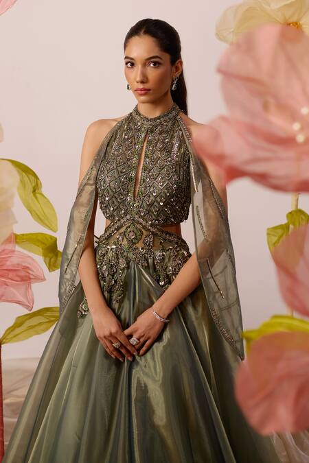 Roqa_Green Organza Sequins, Cut Juniper Meadow Embroidered Gown With Detachable Cape _at_Aza_Fashions