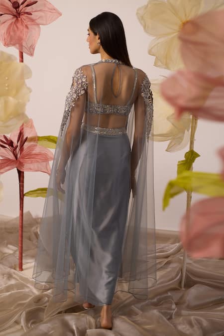 Shop_Roqa_Blue Net, Modal Sequins, Kalmia Celeste Fleur Embroidered Cape Draped Skirt Set _at_Aza_Fashions