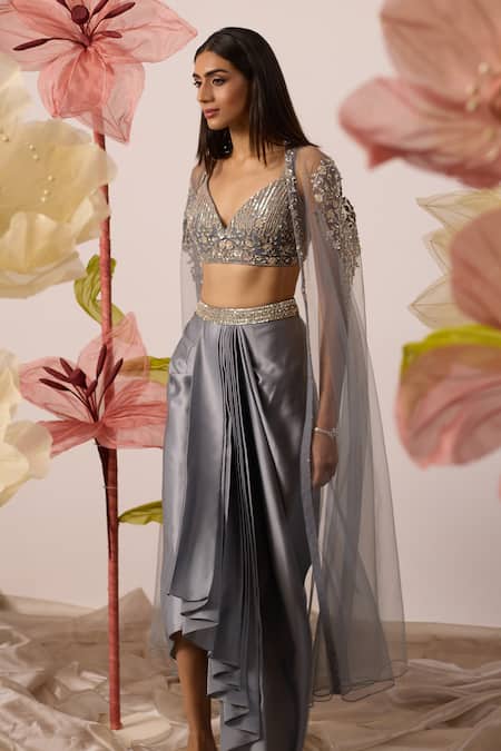 Roqa_Blue Net, Modal Sequins, Kalmia Celeste Fleur Embroidered Cape Draped Skirt Set _at_Aza_Fashions