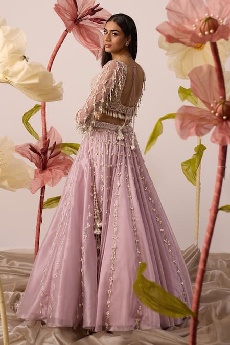 Shop_Roqa_Pink Net, Organza Pearls, Cut Work, Lily Garden Embroidered Bridal Lehenga Set _at_Aza_Fashions