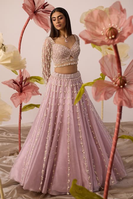 Roqa_Pink Net, Organza Pearls, Cut Work, Lily Garden Embroidered Bridal Lehenga Set _Online_at_Aza_Fashions