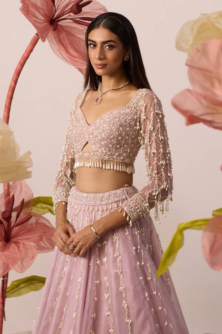 Buy_Roqa_Pink Net, Organza Pearls, Cut Work, Lily Garden Embroidered Bridal Lehenga Set _Online_at_Aza_Fashions