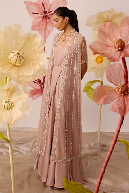 Roqa_Pink Modal, Satin, Net Lobelia Spectra Embroidered Cape With Pleated Drape Gown _Online_at_Aza_Fashions