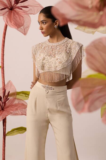 Roqa_Ivory Modal, Satin, Net, Georgette Lunaria Blossom Cape Flared Pant Set _Online_at_Aza_Fashions