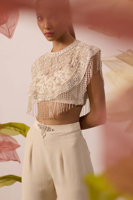 Buy_Roqa_Ivory Modal, Satin, Net, Georgette Lunaria Blossom Cape Flared Pant Set _Online_at_Aza_Fashions