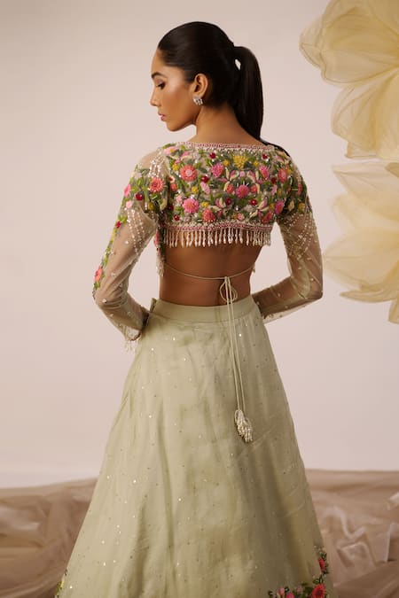Shop Roqa Green Net, Organza Pearls, Tassels, Lupin Fleur Resham Lehenga With Blouse at Aza Fashions Shop_Roqa_Green Net, Organza Pearls, Tassels, Lupin Fleur Resham Lehenga With Blouse _at_Aza_Fashions