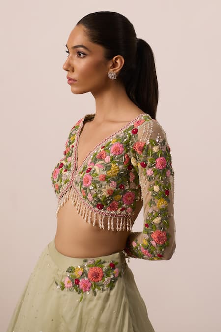 Roqa Green Net, Organza Pearls, Tassels, Lupin Fleur Resham Lehenga With Blouse Online at Aza Fashions Roqa_Green Net, Organza Pearls, Tassels, Lupin Fleur Resham Lehenga With Blouse _Online_at_Aza_Fashions