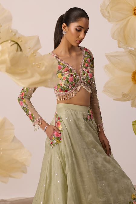 Buy Roqa Green Net, Organza Pearls, Tassels, Lupin Fleur Resham Lehenga With Blouse Online at Aza Fashions Buy_Roqa_Green Net, Organza Pearls, Tassels, Lupin Fleur Resham Lehenga With Blouse _Online_at_Aza_Fashions
