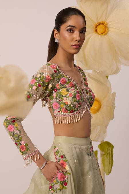 Shop Roqa Green Net, Organza Pearls, Tassels, Lupin Fleur Resham Lehenga With Blouse Online at Aza Fashions Shop_Roqa_Green Net, Organza Pearls, Tassels, Lupin Fleur Resham Lehenga With Blouse _Online_at_Aza_Fashions