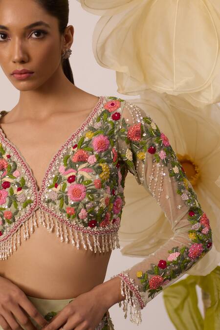 Roqa Green Net, Organza Pearls, Tassels, Lupin Fleur Resham Lehenga With Blouse at Aza Fashions Roqa_Green Net, Organza Pearls, Tassels, Lupin Fleur Resham Lehenga With Blouse _at_Aza_Fashions