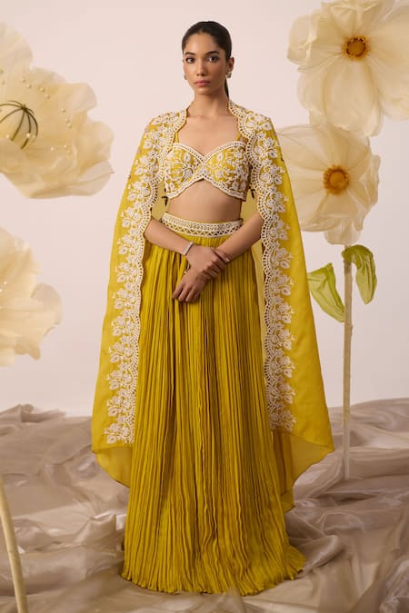 Roqa Magnolia Pearl Bloom Embroidered Cape Lehenga Set 