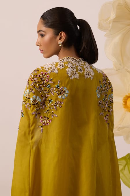 Shop Roqa Yellow Net, Georgette, Organza Cut Magnolia Bloom Embroidered Cape Lehenga Set at Aza Fashions Shop_Roqa_Yellow Net, Georgette, Organza Cut Magnolia Bloom Embroidered Cape Lehenga Set _at_Aza_Fashions