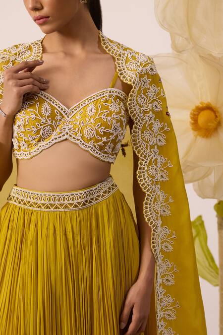 Shop Roqa Yellow Net, Georgette, Organza Cut Magnolia Bloom Embroidered Cape Lehenga Set Online at Aza Fashions Shop_Roqa_Yellow Net, Georgette, Organza Cut Magnolia Bloom Embroidered Cape Lehenga Set _Online_at_Aza_Fashions