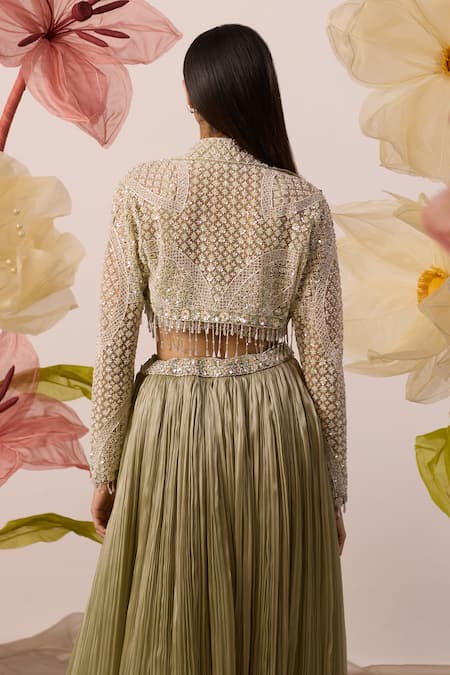 Roqa Green Net, Georgette Pearls, Cut Work, Sequins, Mayflower Jacket Lehenga Set Online at Aza Fashions Roqa_Green Net, Georgette Pearls, Cut Work, Sequins, Mayflower Jacket Lehenga Set _Online_at_Aza_Fashions