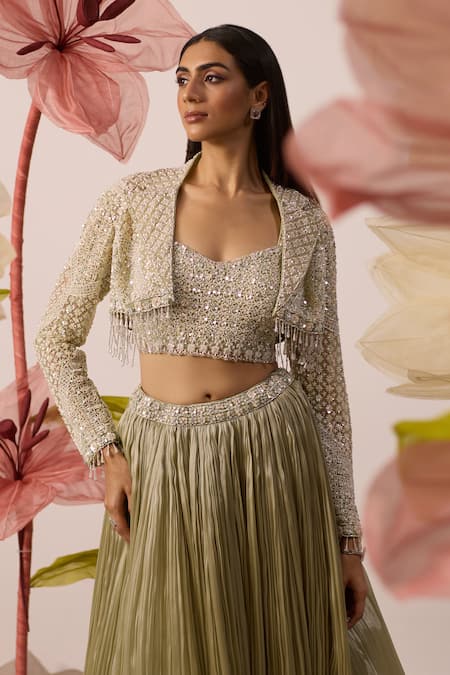 Buy Roqa Green Net, Georgette Pearls, Cut Work, Sequins, Mayflower Jacket Lehenga Set Online at Aza Fashions Buy_Roqa_Green Net, Georgette Pearls, Cut Work, Sequins, Mayflower Jacket Lehenga Set _Online_at_Aza_Fashions