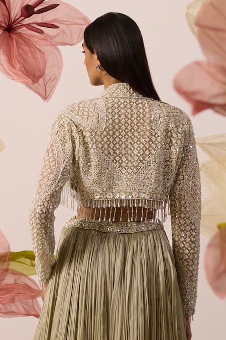 Shop Roqa Green Net, Georgette Pearls, Cut Work, Sequins, Mayflower Jacket Lehenga Set Online at Aza Fashions Shop_Roqa_Green Net, Georgette Pearls, Cut Work, Sequins, Mayflower Jacket Lehenga Set _Online_at_Aza_Fashions