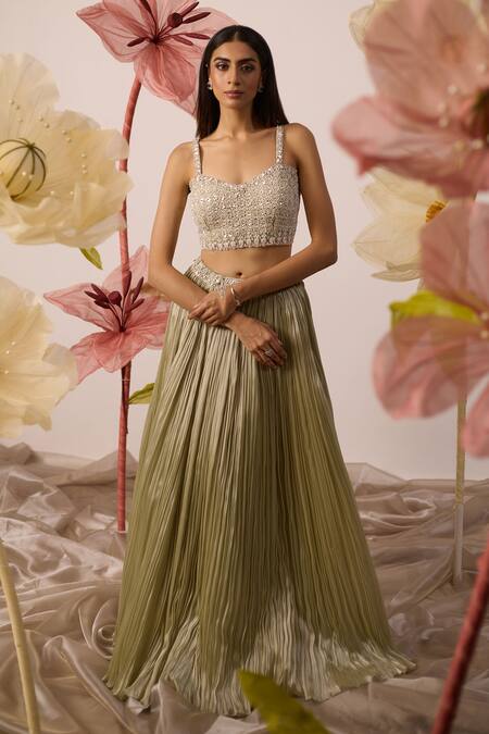 Roqa Green Net, Georgette Pearls, Cut Work, Sequins, Mayflower Jacket Lehenga Set at Aza Fashions Roqa_Green Net, Georgette Pearls, Cut Work, Sequins, Mayflower Jacket Lehenga Set _at_Aza_Fashions