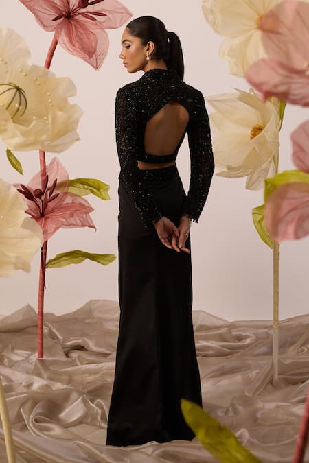 Shop Roqa Black Net, Modal Sequins Mimosa Bloom Embroidered Crop Blouse With Skirt at Aza Fashions Shop_Roqa_Black Net, Modal Sequins Mimosa Bloom Embroidered Crop Blouse With Skirt _at_Aza_Fashions