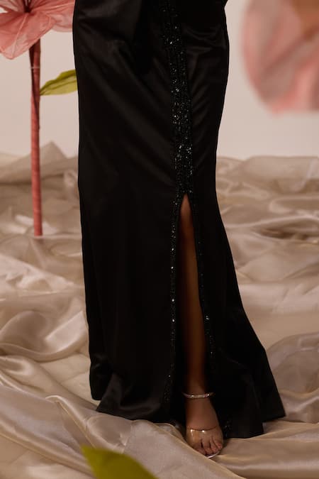 Shop Roqa Black Net, Modal Sequins Mimosa Bloom Embroidered Crop Blouse With Skirt Online at Aza Fashions Shop_Roqa_Black Net, Modal Sequins Mimosa Bloom Embroidered Crop Blouse With Skirt _Online_at_Aza_Fashions