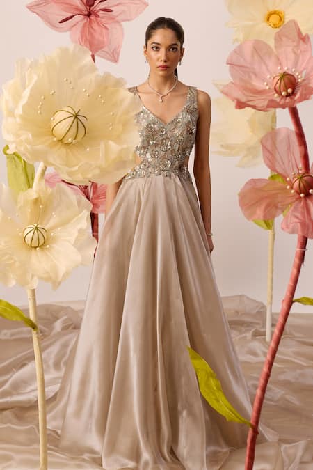 Roqa_Grey Organza Cut Work, Sequins, Beads Asymmetric Orchid Bloom Embroidered Gown _Online_at_Aza_Fashions