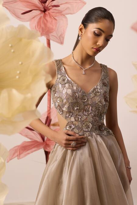 Buy_Roqa_Grey Organza Cut Work, Sequins, Beads Asymmetric Orchid Bloom Embroidered Gown _Online_at_Aza_Fashions