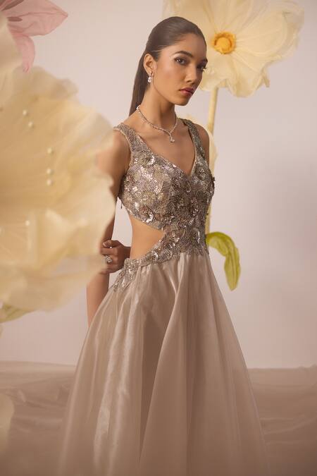 Shop_Roqa_Grey Organza Cut Work, Sequins, Beads Asymmetric Orchid Bloom Embroidered Gown _Online_at_Aza_Fashions