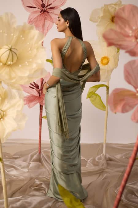 Roqa Peony Cutdana Embroidered Halter Neck Draped Gown With Stole 