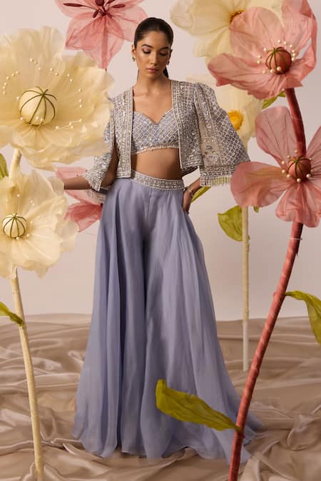 Roqa Blue Jacket And Bustier Net Embroidery Beads Petunia Bloom Flared Pant Set 