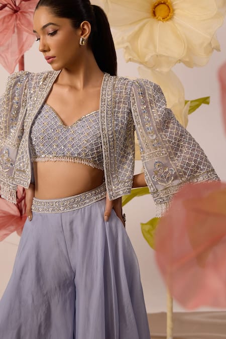 Roqa_Blue Net, Organza Sequins, Pearls, Petunia Bloom Jacket Flared Pant Set _Online_at_Aza_Fashions