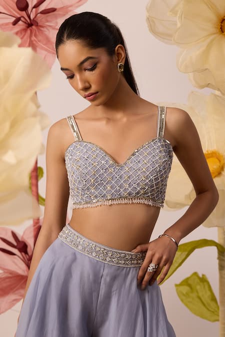 Roqa_Blue Net, Organza Sequins, Pearls, Petunia Bloom Jacket Flared Pant Set _at_Aza_Fashions