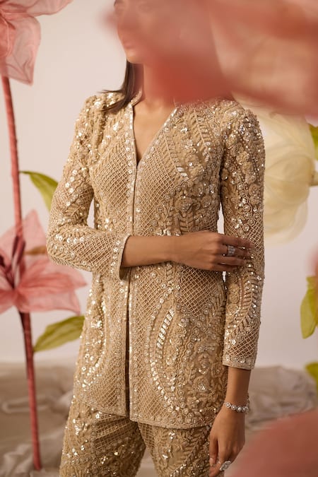 Buy_Roqa_Gold Net Sequins, Cut Work, Beads Primrose Fleur Embroidered Jacket With Pant _Online_at_Aza_Fashions