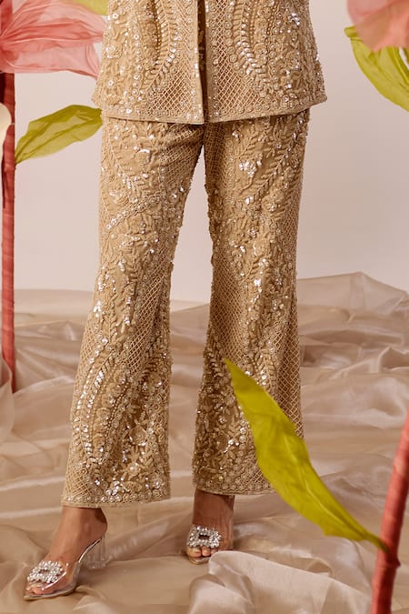 Shop_Roqa_Gold Net Sequins, Cut Work, Beads Primrose Fleur Embroidered Jacket With Pant _Online_at_Aza_Fashions