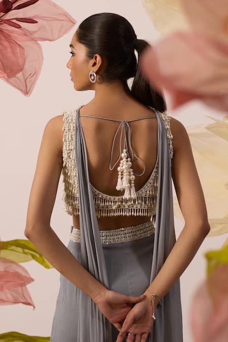 Roqa Quince Pearl Halos Embellished Blouse Flared Pant Set 