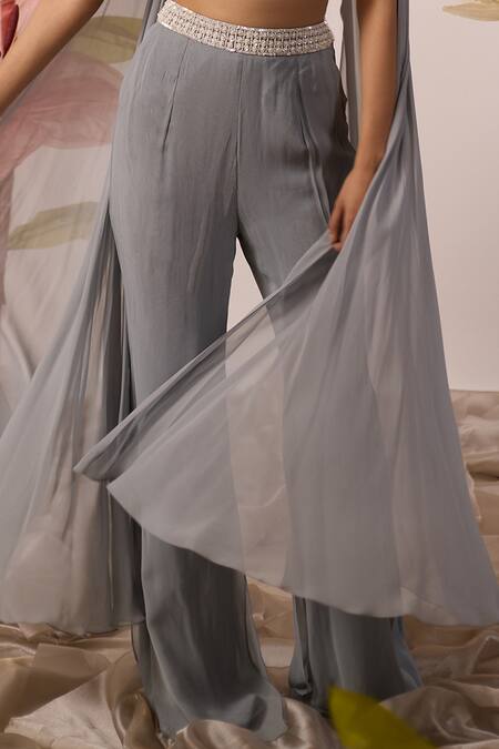 Roqa_Blue Net, Georgette Pearls, Quince Halos Embellished Blouse Flared Pant Set _Online_at_Aza_Fashions