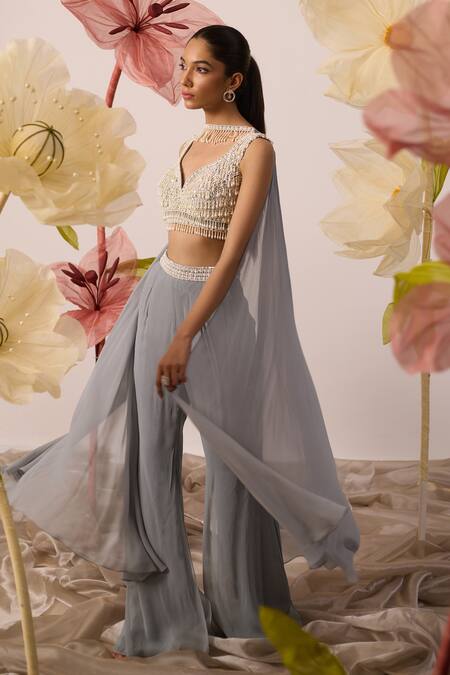 Buy_Roqa_Blue Net, Georgette Pearls, Quince Halos Embellished Blouse Flared Pant Set _Online_at_Aza_Fashions