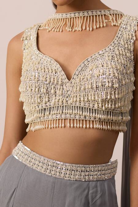 Shop_Roqa_Blue Net, Georgette Pearls, Quince Halos Embellished Blouse Flared Pant Set _Online_at_Aza_Fashions