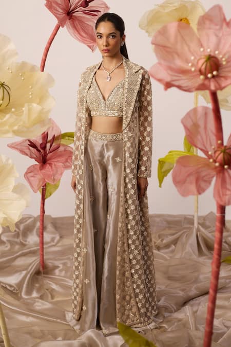 Roqa Snowdrop Haze Embroidered Long Jacket Sharara Set 