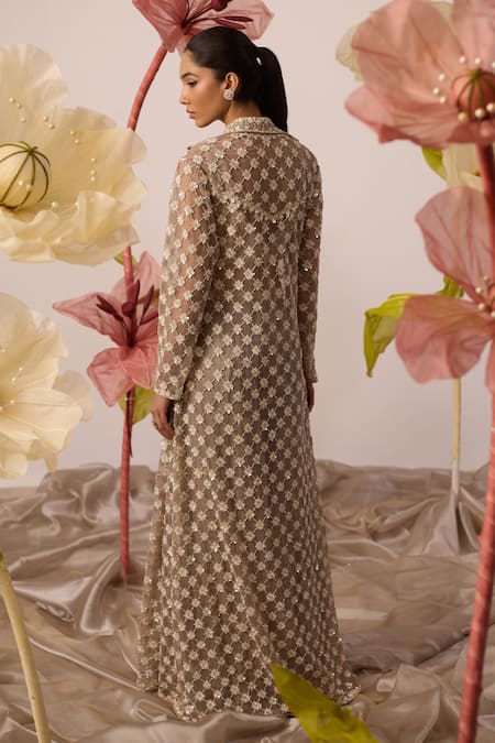 Roqa Snowdrop Haze Embroidered Long Jacket Sharara Set 